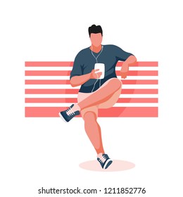 Man sitting on bench. Guy listening music. Vector Illustration