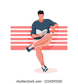 Man sitting on bench. Guy reading book. Vector Illustration