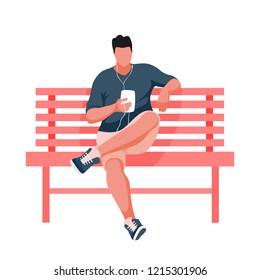 Man sitting on bench. Guy listening music. Vector Illustration