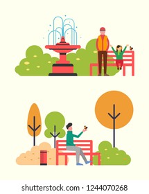 Man sitting on bench and holding bird in hands. Father and daughter walking in autumn park. Fall landscape and color trees. Vector bin and fountain