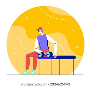 Man sitting on bench, holding dumbbell and performing exercise. Young human actively training in gym concept. Active and healthy lifestyle concept. Flat vector illustration in cartoon style
