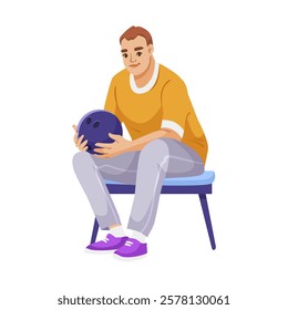 Man sitting on bench holding bowling ball in casual outfit. Vector illustration