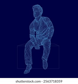 Man is sitting on a bench. The image is in blue and has a blue tint