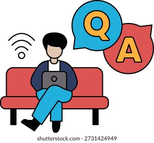A man is sitting on a bench with a laptop in front of him. The laptop is open and the man is looking at it. Concept of focus and concentration as the man is likely working or studying