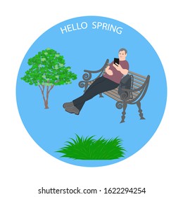 A man sitting on a bench looking at a tablet -tree with green leaves, bush - round icon - isolated on white background - vector. Hello Spring.