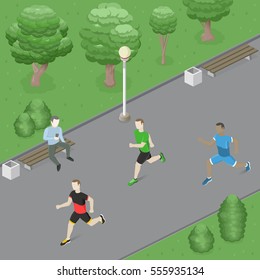 Man sitting on the bench with a mobile phone. Running competition. People running around in the park. Isometric vector illustration.
