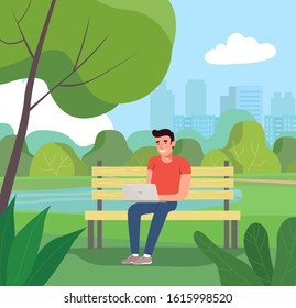 Man sitting on the bench with notebook. Vector flat illustration