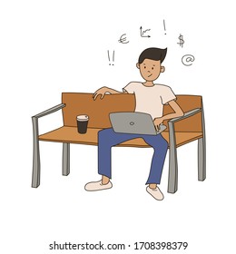 Man sitting on bench with notebook and cap of coffee. Successful freelancer. Network lifestyle. Street workplace for online worker. Young businessman. Freelance creative. Cartoon vector illustration