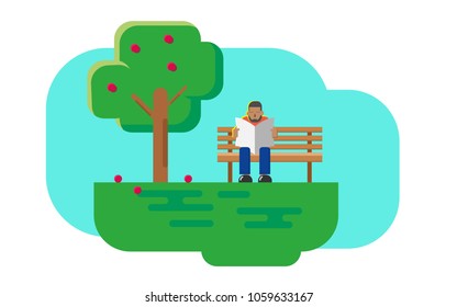 Man sitting on a bench in the park, reading newspaper, flat graphic style