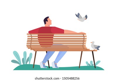 Man sitting on the bench in the park. Adult male character relaxing. Isolated vector illustration in flat style