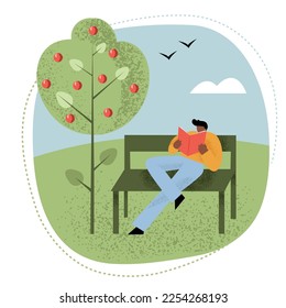 Man is sitting on the bench in the park and reading a book scenery, having a break, enjoying nature. Isolated vector illustration in flat style