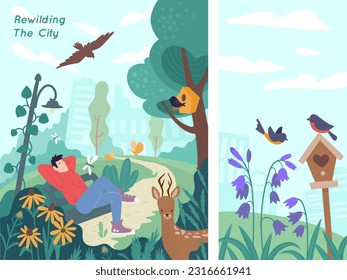 A man sitting on a bench in the park and relaxing with birds singing. Re-wilding the city. Restoration of natural habitats and wildlife concept. Promoting biodiversity vector illustration. Ecosystems