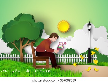 man sitting on the bench in a park alone.paper art style.