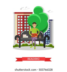 Man sitting on a bench in park, reading book and drinking coffee. Vector illustration in flat style design.