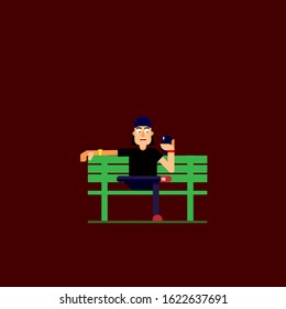 a man sitting on a bench and playing smartphone. flat design 