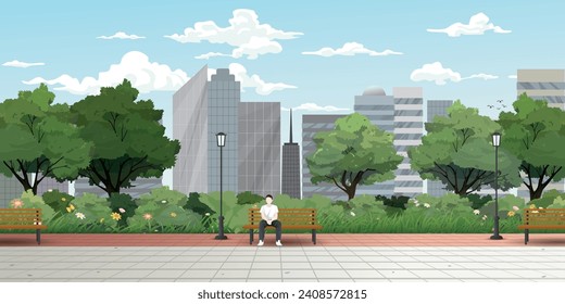 Hombre sentado en la banca en el parque público tiene rascacielos, nubes y cielo azul detrás de ilustración vectorial.