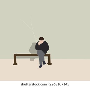 Man Sitting on Bench smoking cigarette in public park.  Addicted Man with Nicotine and Tobacco Product. Social Problem.