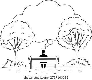 Man Sitting on Bench Thinking Outdoors Illustration