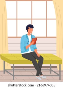 Man sitting on bench and uses tablet pc. Internet surfing or reading an article. Businessman chatting online at home. Social media, blogging. Male character talking via video call, recording podcast