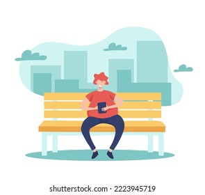 Man sitting on the bench and using tablet or electronic book. Guy texting messages in social networks, reading or surfing the internet. Cityscape on the background. Vector illustration in flat style.