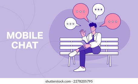 man sitting on a bench using a mobile phone. Social media or network promotion. influencer marketing concept - blogger promotion services and goods for his followers online. Nature background. vector