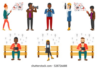 Man sitting on a bench and using a tablet computer with social network. Man checking social network. Social media network concept. Set of vector flat design illustrations isolated on white background.