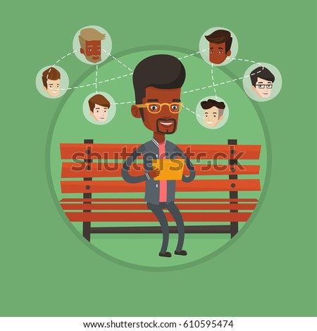 Man sitting on a bench and using a tablet computer with social network. Man surfing in the social network. Social network concept. Vector flat design illustration in the circle isolated on background.
