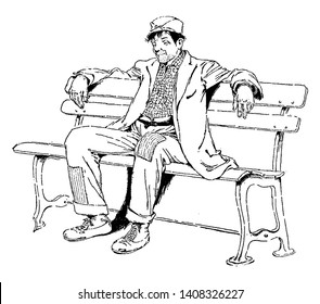 A man sitting on a bench, vintage line drawing or engraving illustration