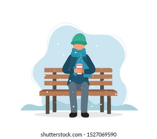 Man sitting on bench in winter with coffee. Vector illustration in flat style