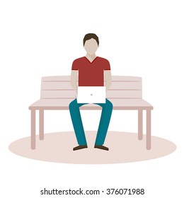 Man sitting on the bench and working with laptop / Vector illustration and flat disign