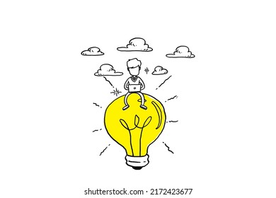 Hombre sentado sobre una gran bombilla brillante usando su laptop. Diseño de ilustración vectorial de dibujos animados