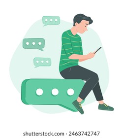 Man Sitting on Big Chat Icon and Chat on Mobile Phone for Telecommunication Concept Illustration