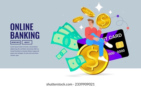 man sitting on big credit card. Minimalism design with exaggerated objects. Internet digital store scene with women shopping E commerce. Online payment concept. Vector flat style illustration.