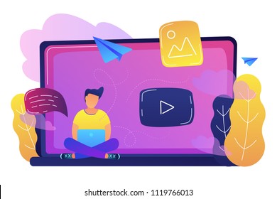 A man sitting on a big laptop with play button as online network, blog, web media, social networking, media content and online gallery concept, violet palette. Vector illustration on white background.