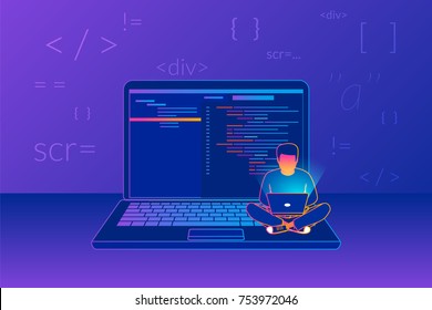 Man sitting on the big laptop and working. Gradient line vector illustration of young programmer coding a new project using computer on violet background with code symbols and signs