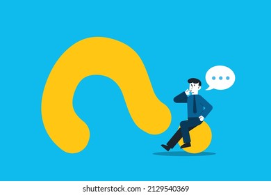 Man sitting on big question mark symbol. leadership skill to find solution or answer for business problem concept.