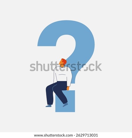Man sitting on a big question mark. Metaphor of uncertainty, doubt, decision or explaination. Vector illustration
