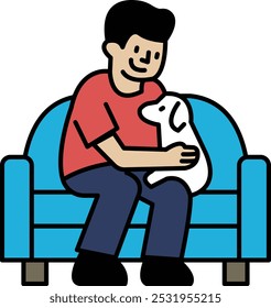 A man is sitting on a blue couch with a white dog on his lap. The man is smiling and he is enjoying the company of his pet