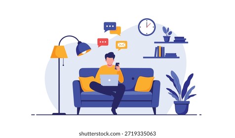 Man sitting on a blue sofa using a laptop and smartphone with message and email notification icons in the air above.