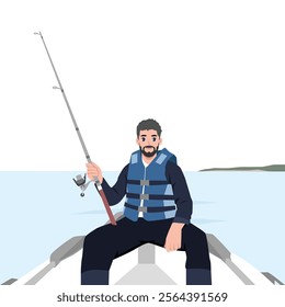 Man sitting on boat for fishing in the middle of swamp. Flat Vector character illustration