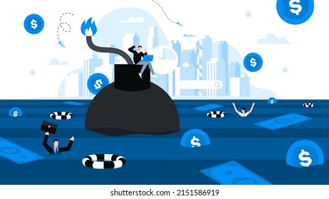 Hombre sentado sobre una bomba con fusible en llamas. Ahogando gente. Vector amigable duik preparado para la animación. Historia conceptual de los negocios. Crisis financiera, recesión económica, quiebra, depresión.