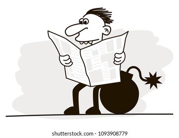 Man sitting on bomb and reading newspaper