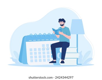 A man sitting on a book is reading trending concept flat illustration