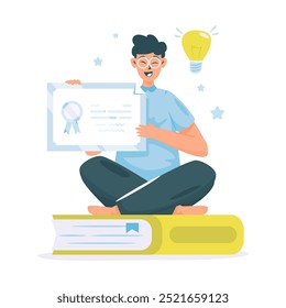 Um homem sentado no livro e mostrando certificado, conceito de recompensa ideia inovação, certificado de curso de educação, ilustração Vetor
