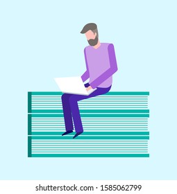 Man sitting on books and coding vector, freelancer man using laptop, innovative computer technologies and development. Publication in covers flat style