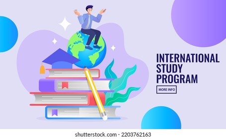 Man sitting on books and a globe. Concept of global education, study abroad, international student exchange program. Modern flat vector illustration for banner.