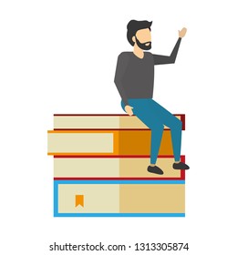man sitting on books stack