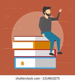 Man Sitting On Books Stack Stock Vector (Royalty Free) 1313305874