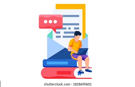 A man sitting on books uses his laptop to study or work on the computer. A guy with a device sits against the background of an open envelope with an online letter sent by email. Online communication