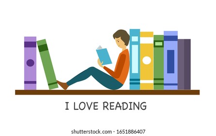 A man sitting on bookshelf and reading book. I love book. I love reading concept vector illustration on white background.